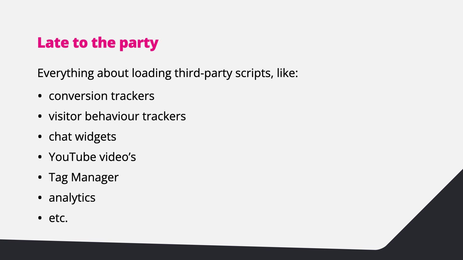 Third-party scripts include conversion trackers, visitor behaviour trackers, chat widgets, YouTube videos, Tag Manager and analytics.