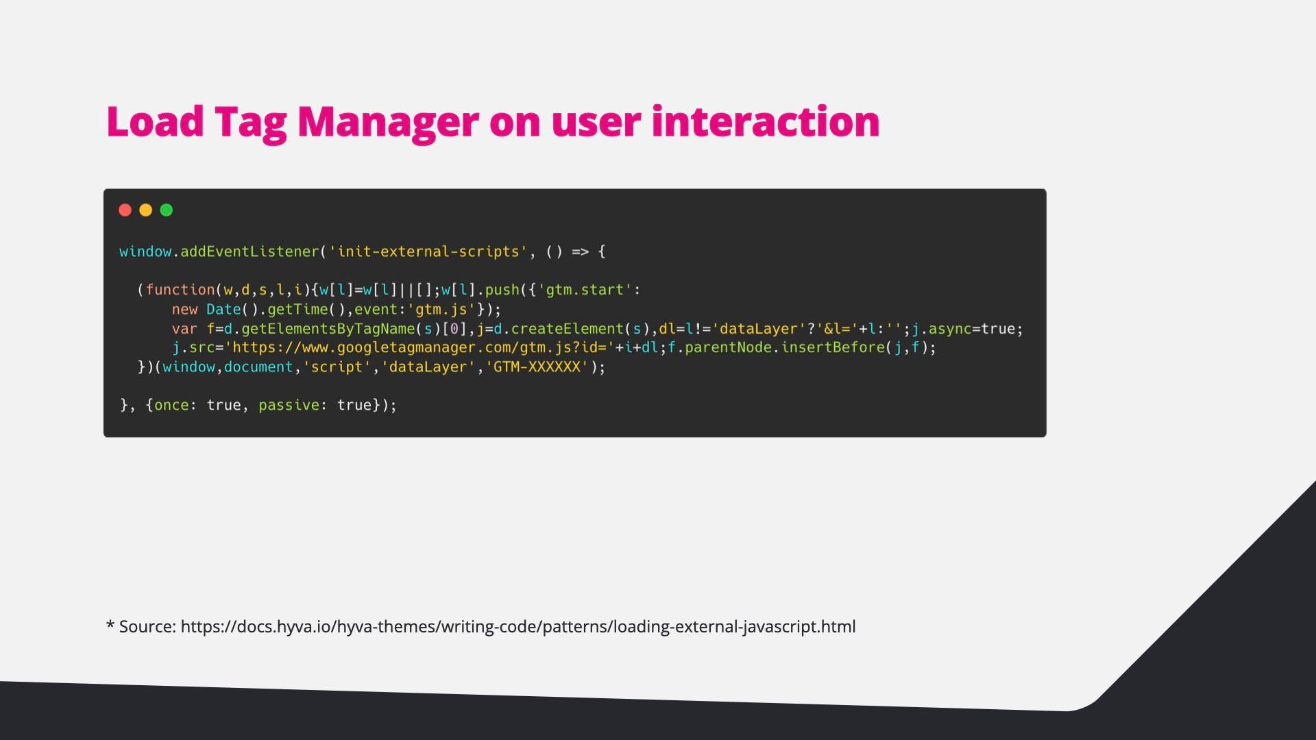Code: the Google Tag Manager snippet inside the init-external-scripts listener.