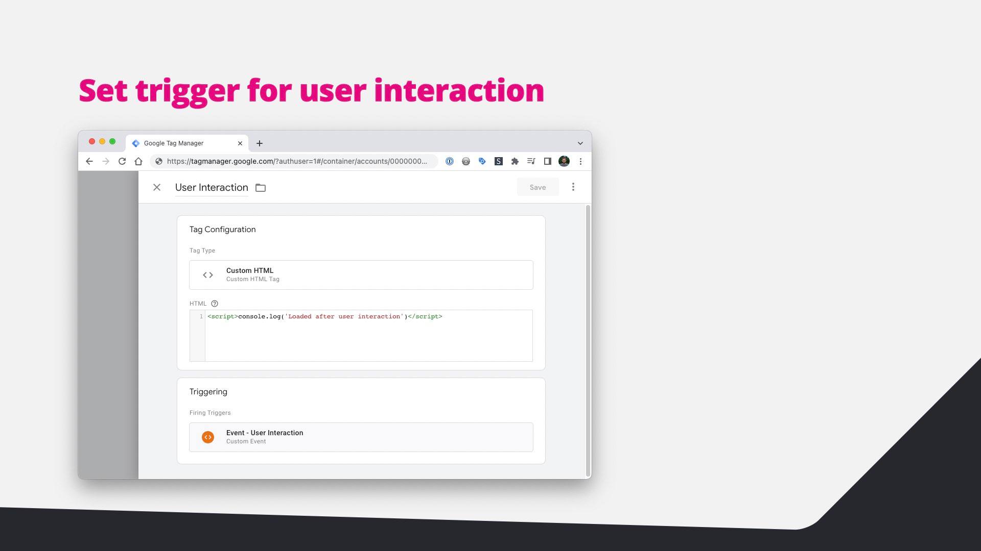 Screenshot: a Custom HTML tag that fires on the user interaction trigger.
